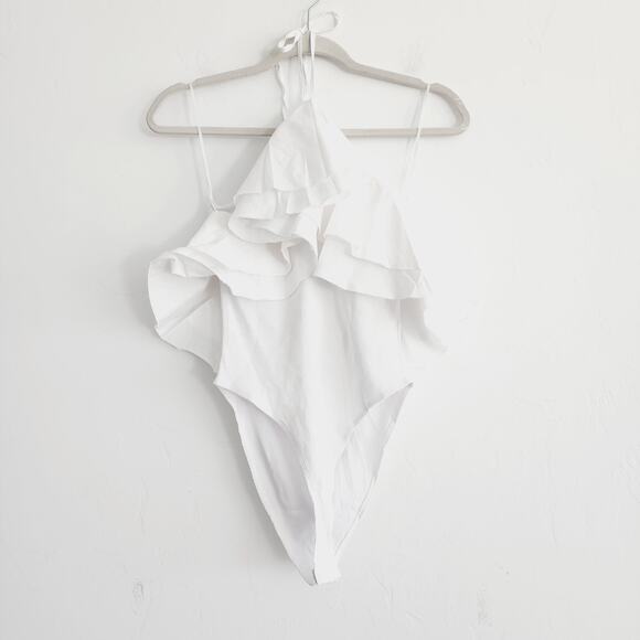 Zara White Ribbed Halter Bodysuit Top with Large Ruffles 100% Cotton Size Medium - Picture 3 of 9